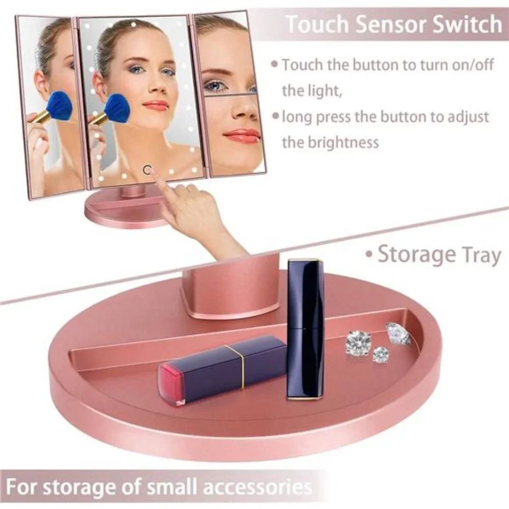 Dresser Mount Tri-Fold Lighted Vanity Mirror with 21 LED Lights, Touch Screen